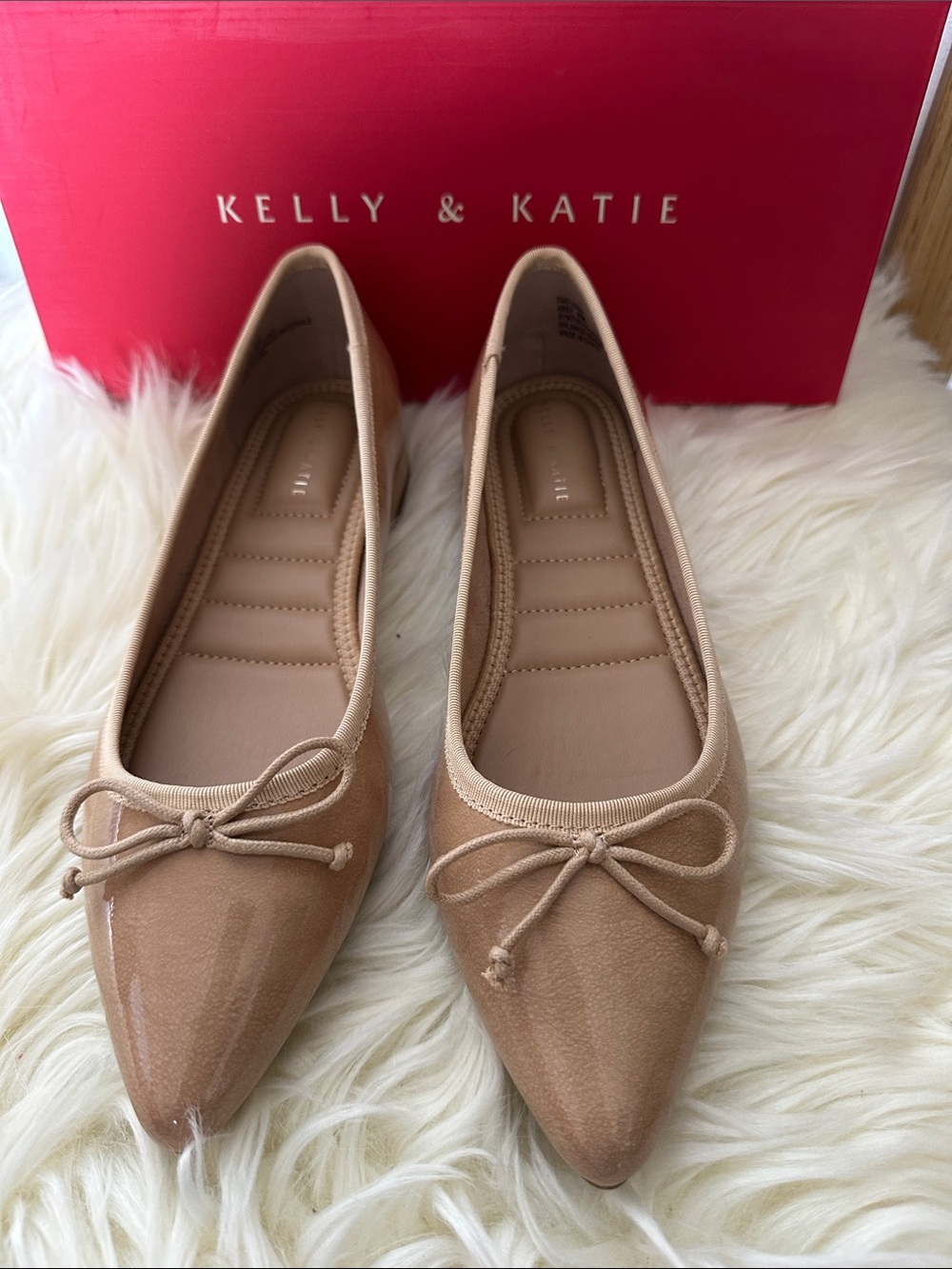 Kelly & Katie Beige Pointed-Toe Ballet Flats with Bow